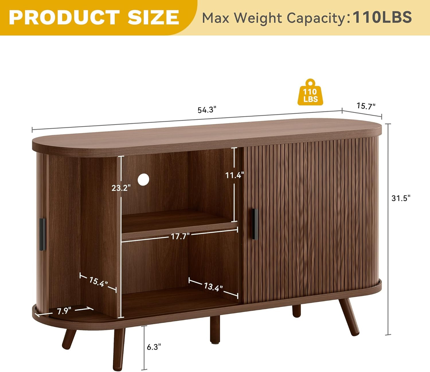 Fluted Sideboard Buffet Cabinet with Storage,54.3" Wide Curvy Edge Accent Storage with Sliding Door & Adjustable Shelf, Mid Century Modern Console for Living Room, Kitchen, Hallway-Walnut