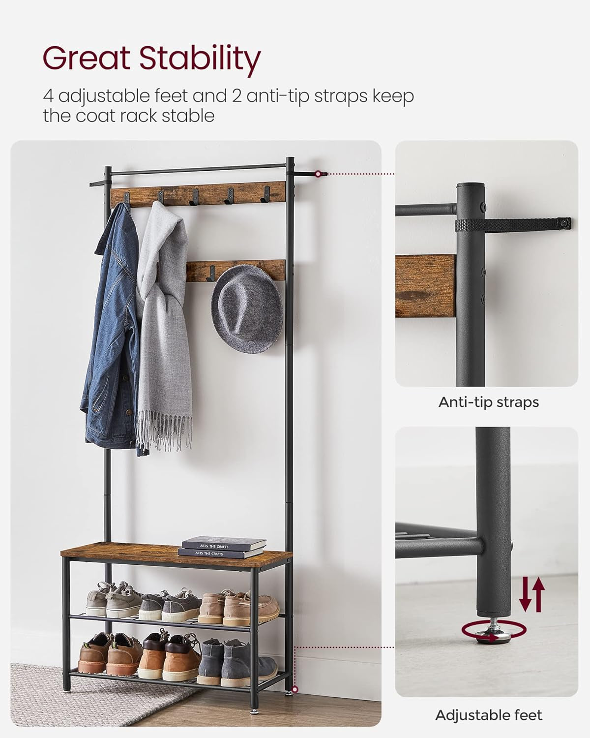 Coat Rack, Hall Tree with Shoe Storage Bench, Entryway Bench with Shoe Storage, 3-In-1, Steel Frame, for Entryway, 12.6 X 27.6 X 68.9 Inches, Industrial, Rustic Brown and Black UHSR41BX