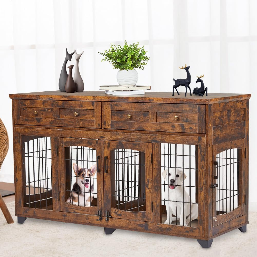 2 Dog Crate Furniture for Large Breeds,Large Dog Kennel Furniture TV Stand,58" Wooden Dog Kennel End Table with Drawers,Double Dog House with Divider