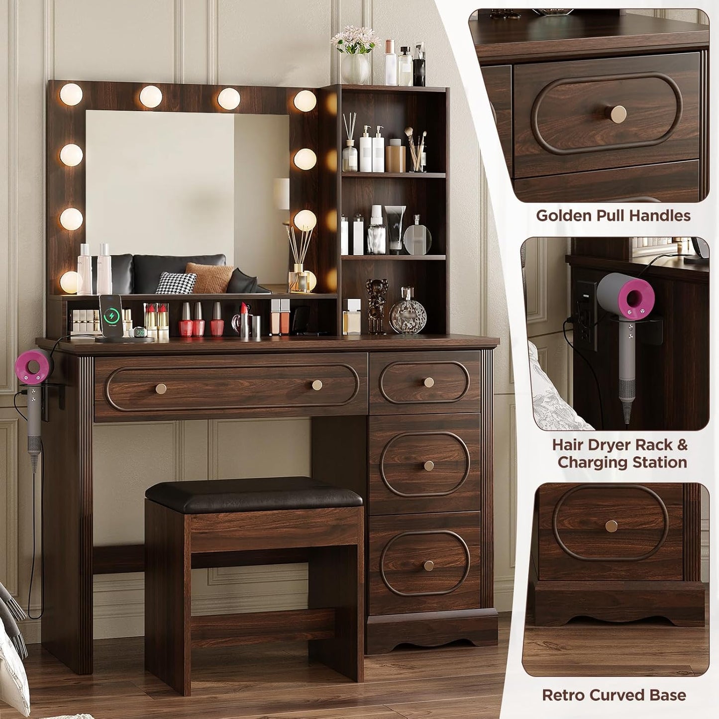 42" W Walnut Makeup Vanity Desk with Mirror and Lights and Charging Station, Dark Brown Wood Vanity with Open Storage and Drawers and Stool Chair, Dressing Table Make up Desk for Bedroom