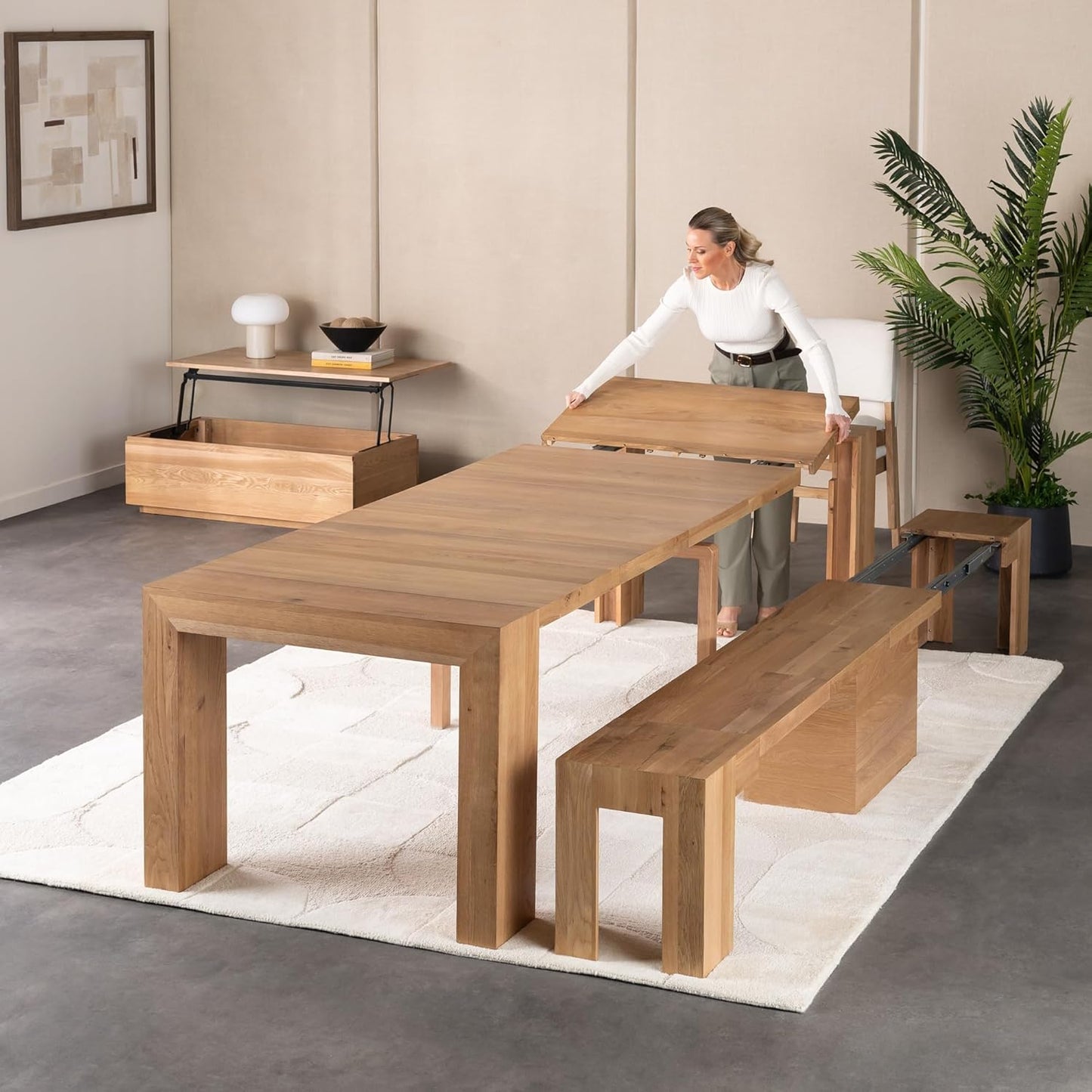 - Solid Wood Extendable Dining Table with Bench and Sideboard Storage, Seats 2-12, Space-Saving Furniture, Scandinavian Oak, Natural Finish (Table + Bench + Coffe Table)