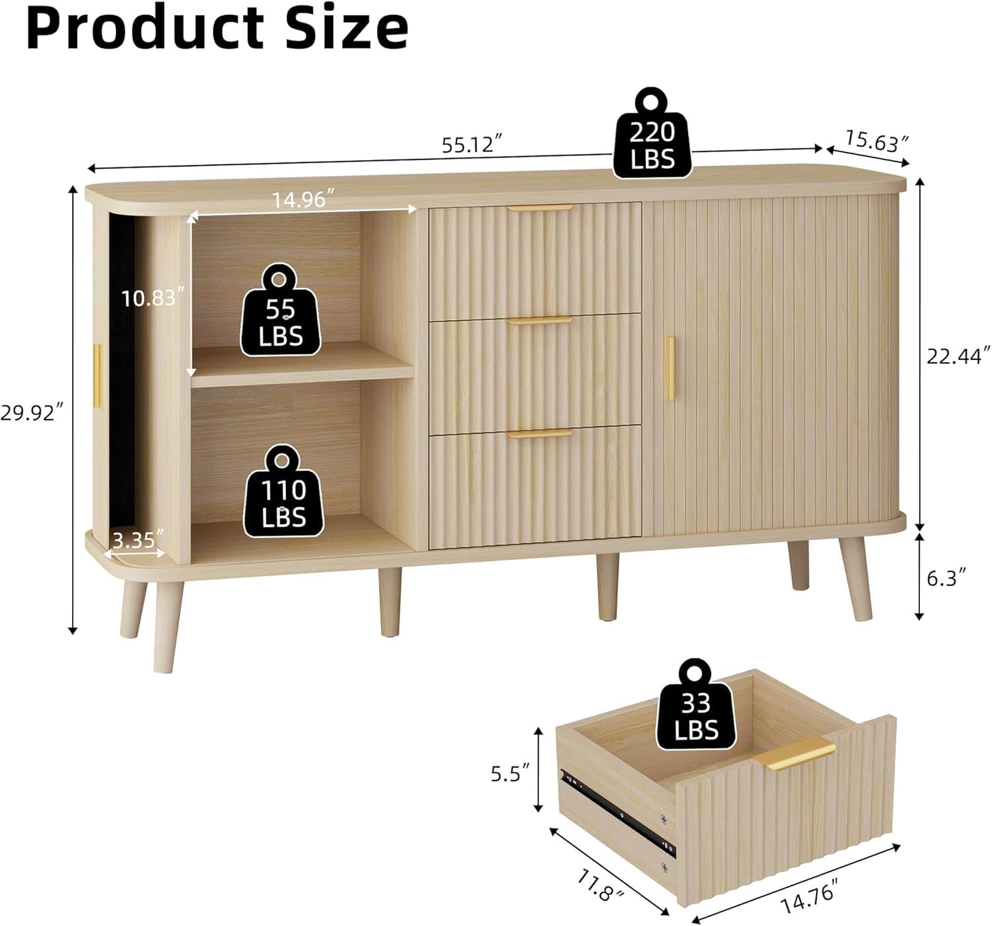 Natrual Buffet Cabinet, 55" Wide Sideboard Buffet Storage Cabinet with Rolling & Sliding Doors, Modern Bar Cabinet for Kitchen & Dining Room