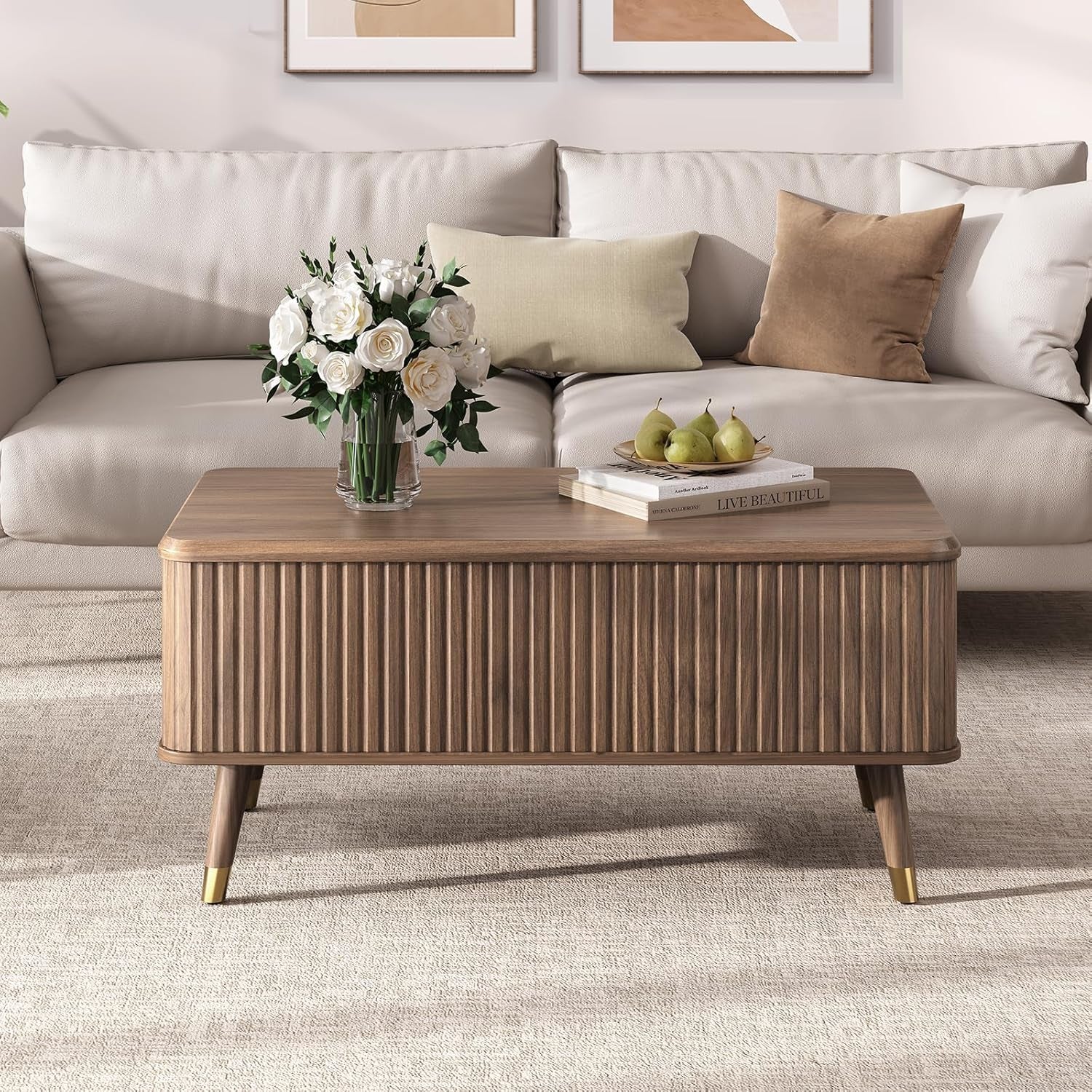 Lift Top Coffee Table with Storage Shelf & Hidden Compartment, Mid Century Modern Fluted Rectangle Dining Table for Living Room, Home Office, Walnut