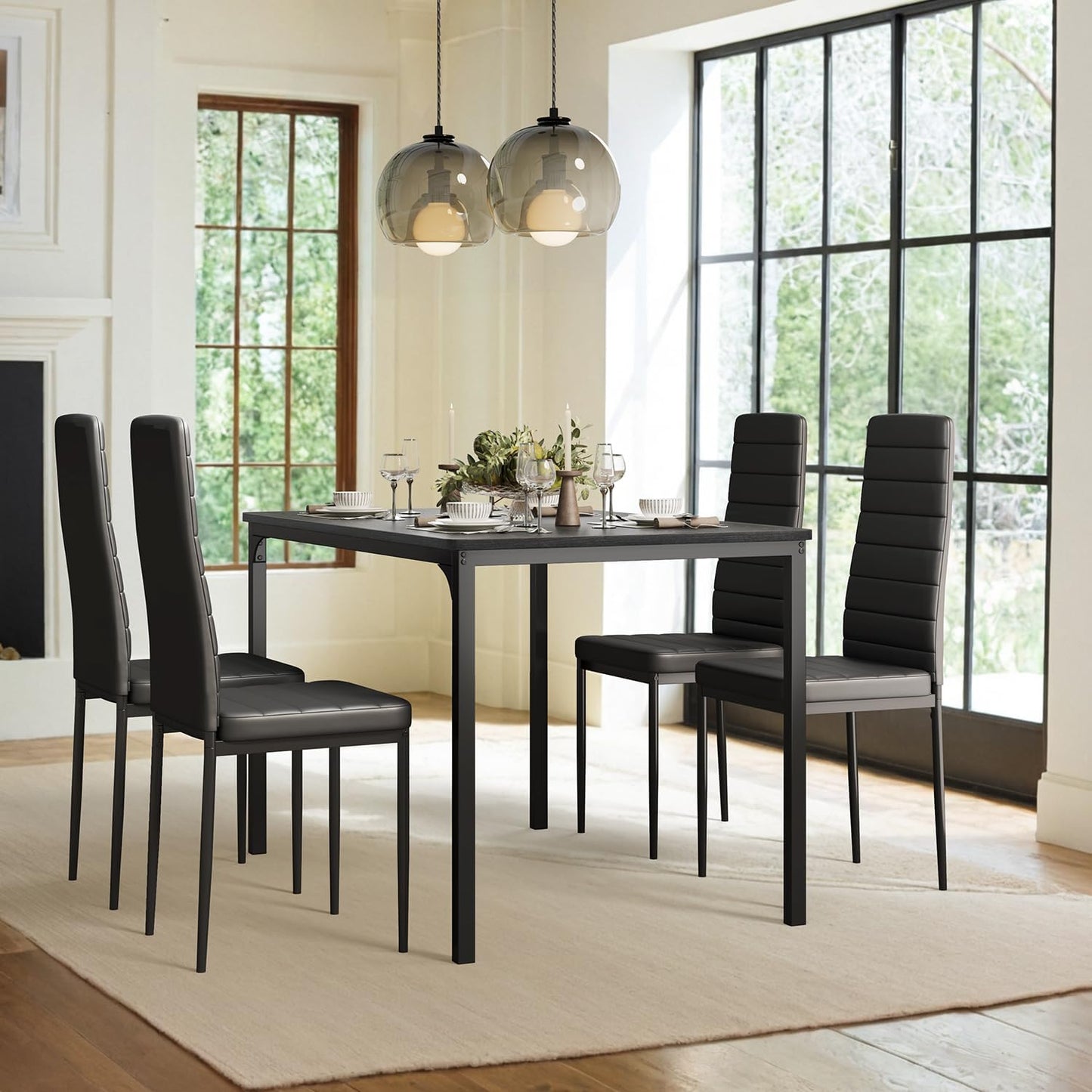Dining Table Set for 4, Kitchen Table Chairs Set of 4, 5 Piece Kitchen Table Set with 4 Upholstered PU Leather Chairs for Dining Room, Living Room, Apartment, Small Space, Black