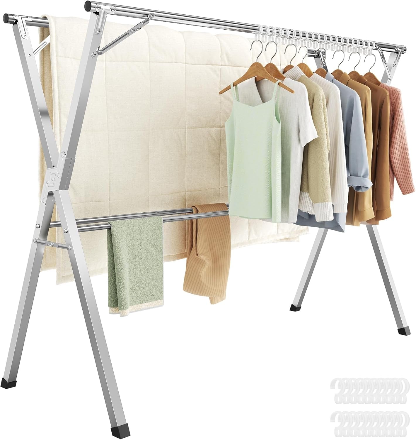 Clothes Drying Rack, Heavy-Duty Laundry Drying Rack, 56.3-93.7 Inches Extendable, Foldable Freestanding Airer, Stainless Steel, for Indoor Outdoor Use, Dove Gray ULLR903E01