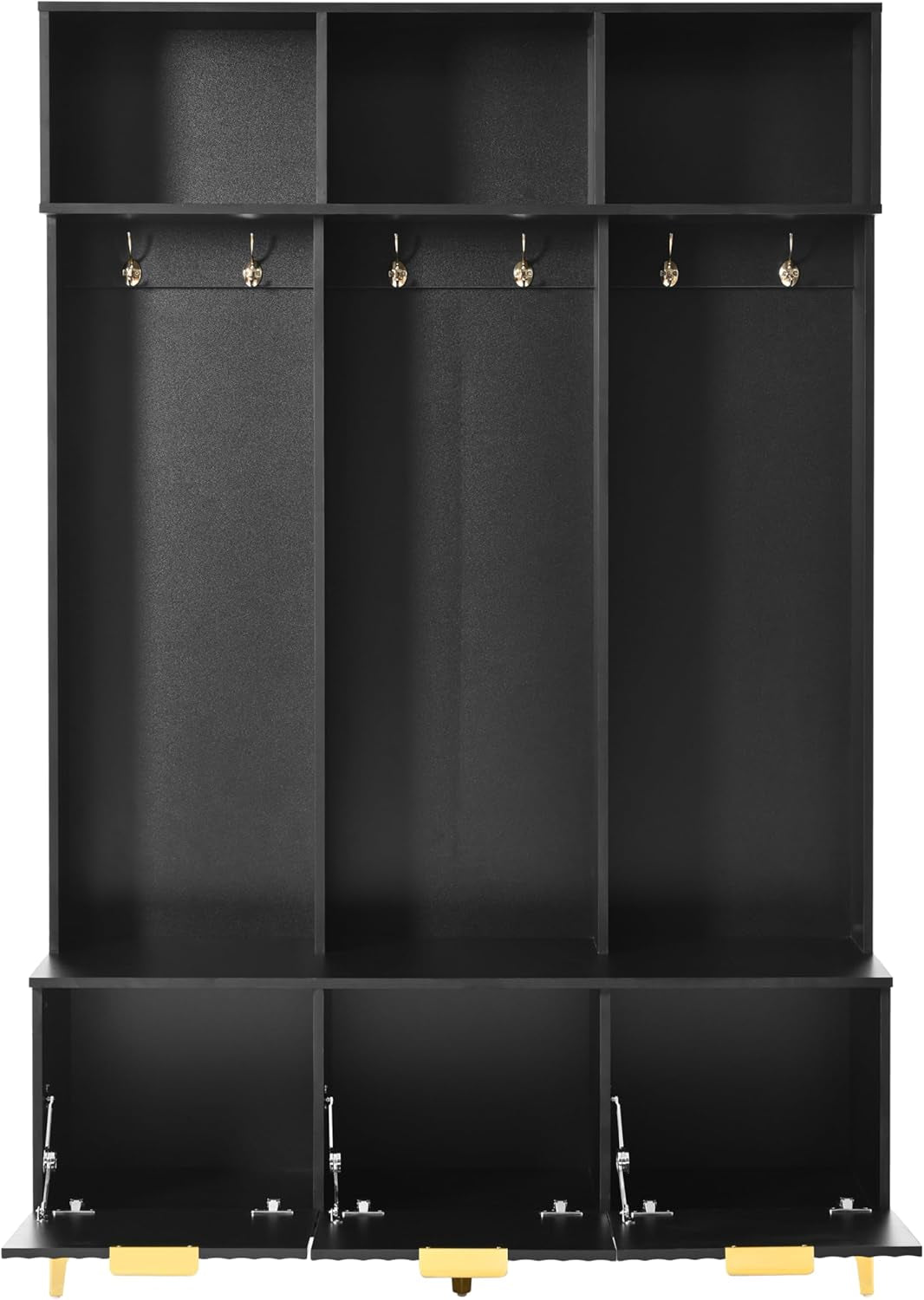 Modern Large Storage Hall Tree with Bench, Multi-Functional with High Gloss Fluted Doors, Coat Rack with 6 Gold Hooks for Entryway, Living Room, Black