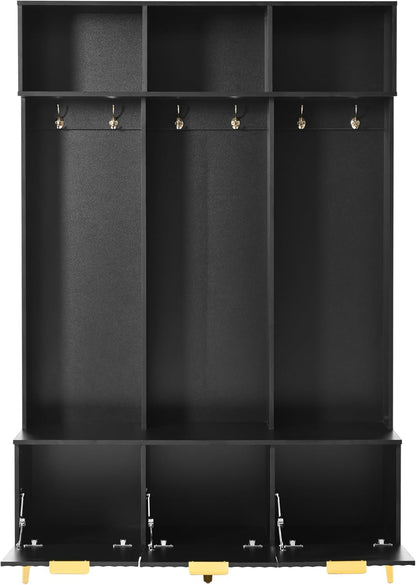 Modern Large Storage Hall Tree with Bench, Multi-Functional with High Gloss Fluted Doors, Coat Rack with 6 Gold Hooks for Entryway, Living Room, Black