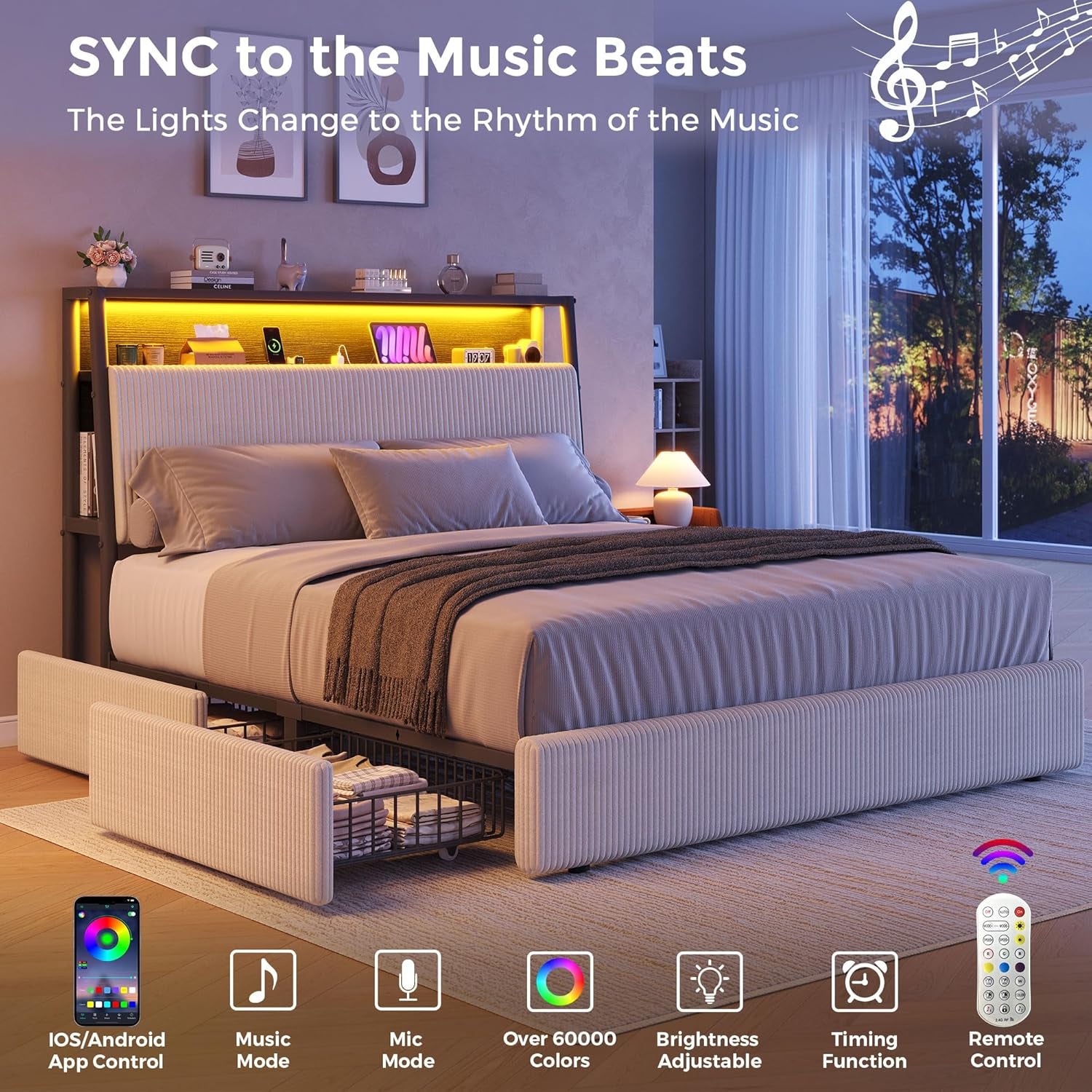 Upholstered Queen LED Bed Frame with 2 Storage Drawers and Charging Station, Corduroy Platform Bed with 3-Tier Storage Bookcase Headboard, Heavy Duty Metal Support, No Box Spring Needed - Beige