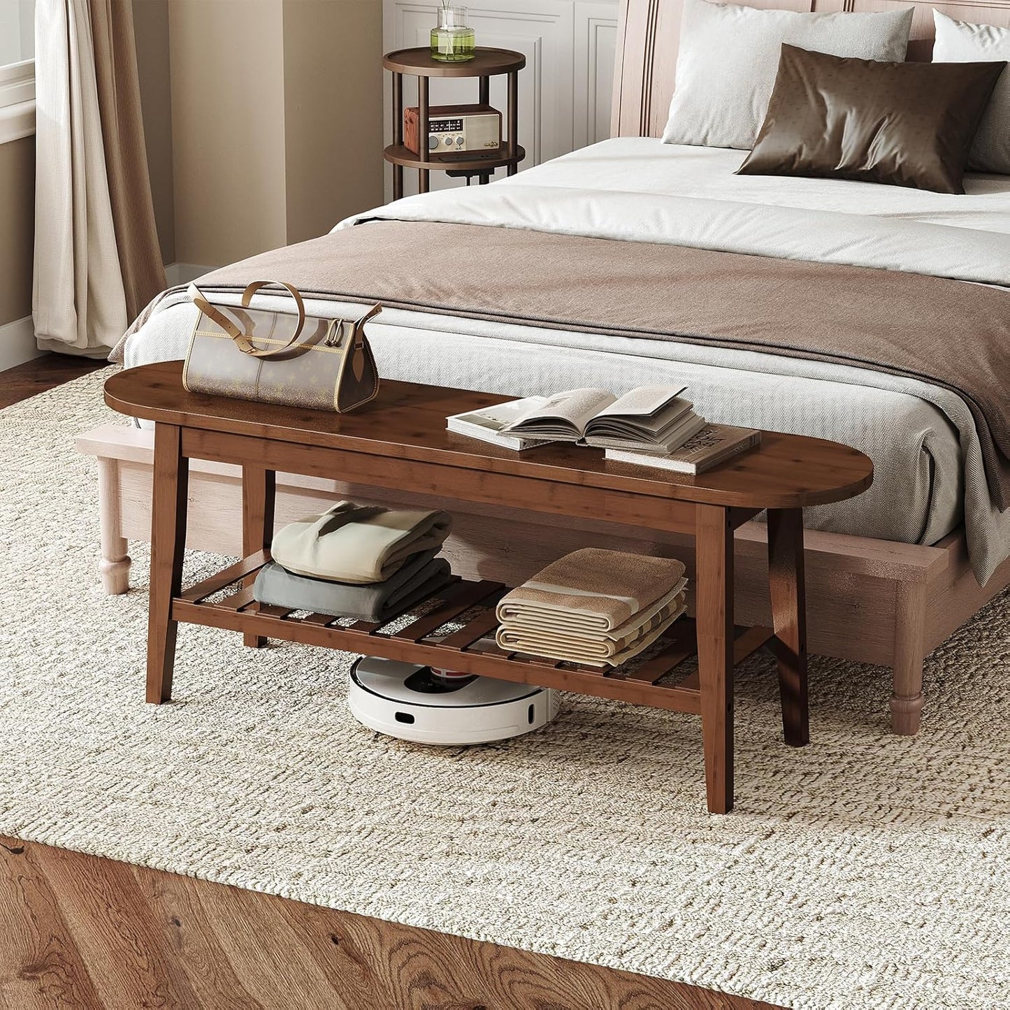 Dining Bench, 2-Tier Bamboo Farmhouse Entryway Bench, Indoor Storage Wooden Bench for Living Room, Dining Room, Hallway, Bedroom, Entryway, Bathroom, Brown BR06CD01