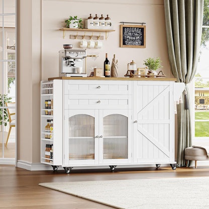 Kitchen Island with Storage, Rolling Kitchen Island on Wheels with Wood Drop Leaf Countertop, Island Table Bar Cart with Spice Towel Rack Portable Kitchen Table Kitchen Carts on Wheels