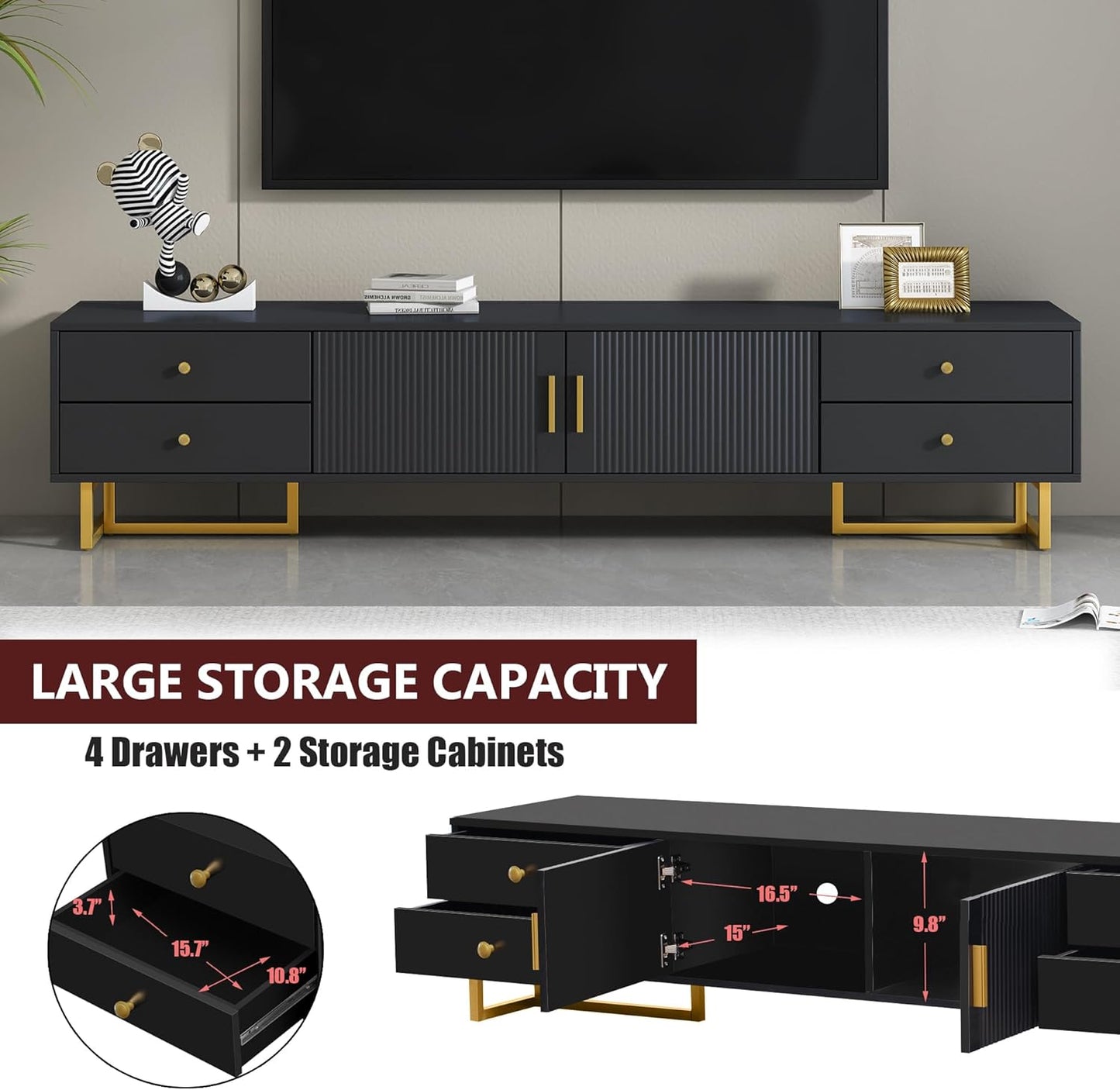 Modern TV Stand with Drawers for Tvs up to 75'', Media Console Storage Cabinet Entertainment Center Furniture for Living Room Bedroom, Gold Metal Legs, 70.9-Inch, Black