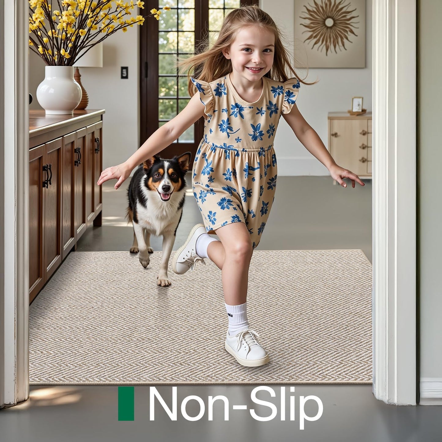 Ultra Thin Indoor Door Mat for Entrance 24"X36", Non Slip Entryway Mat, Low Profile Doormat, Unique Herringbone Design Carpet for Inside, Patio, Porch, Beige