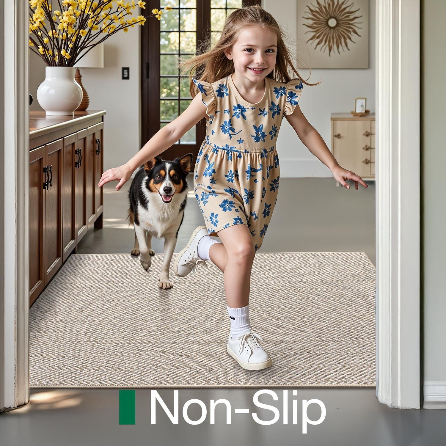 Ultra Thin Indoor Door Mat for Entrance 24"X36", Non Slip Entryway Mat, Low Profile Doormat, Unique Herringbone Design Carpet for Inside, Patio, Porch, Beige