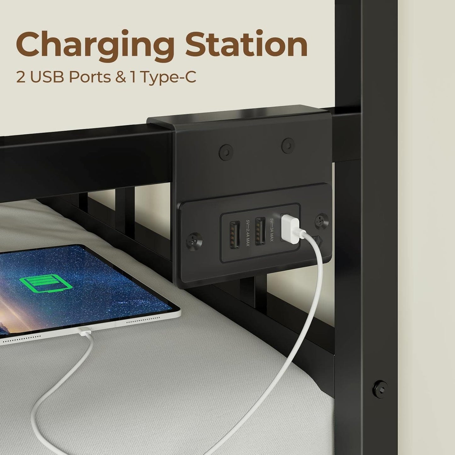 Daybed with Charging Station and LED Lights, Height Adjustable Twin Daybed with Trundle, Metal Sofa Bed Frame with Steel Slat Support for Living Room, Bedroom and Guest Room, Black