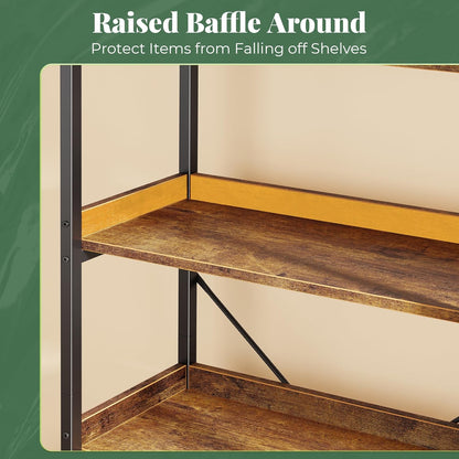 5 Tier Bookshelf, Display Bookshelf with 10 Open Shelves and Raised Baffle, 47.2 Inch Straight Wide Bookcase with Metal Frame and Wooden Board, Adjustable Feet, Rustic Brown