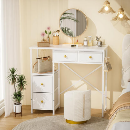 White Vanity Desk without Mirror, Small Makeup Desk with 4 Fabric Drawers, 33.5 Inches Dressing Table with Storage, Vanity Table for Bedroom with Hook, White