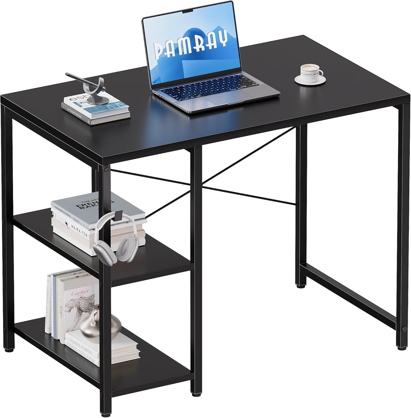 32 Inch Small Computer Desk with Shelves, Home Office Desk with Headphone Hook for Bedroom, Study Writing PC Table for Small Spaces, Black