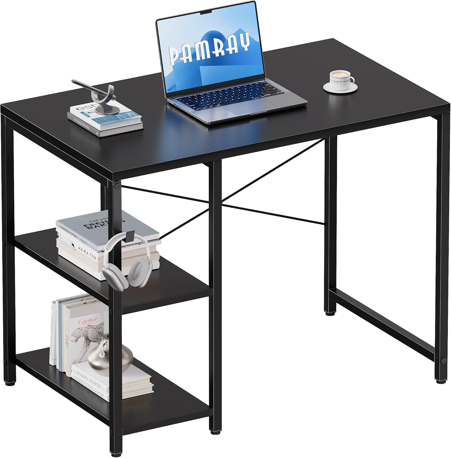 32 Inch Small Computer Desk with Shelves, Home Office Desk with Headphone Hook for Bedroom, Study Writing PC Table for Small Spaces, Black