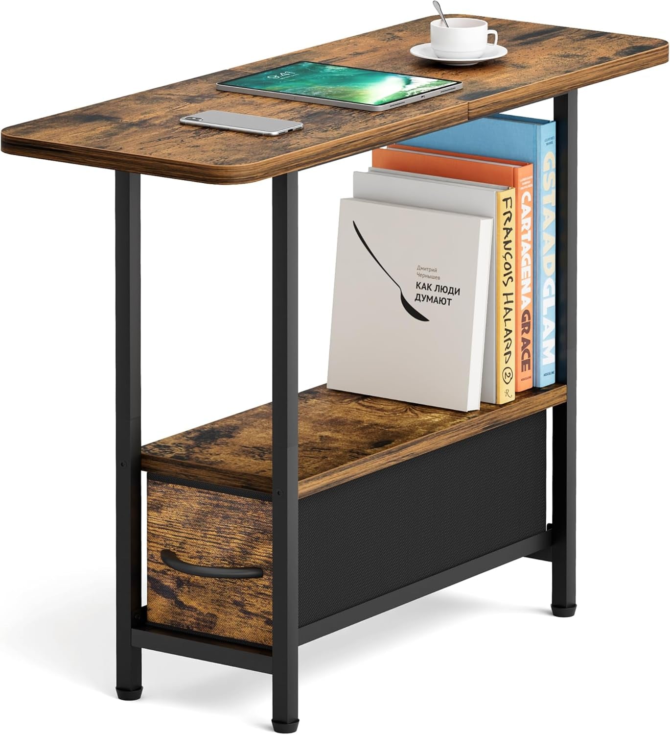 Living Room Side Table with Drawer, 2 Tier Slim End Tables with Storage for Small Spaces, Narrow Nightstand for Sofa Couch, Bedroom, Rustic Brown