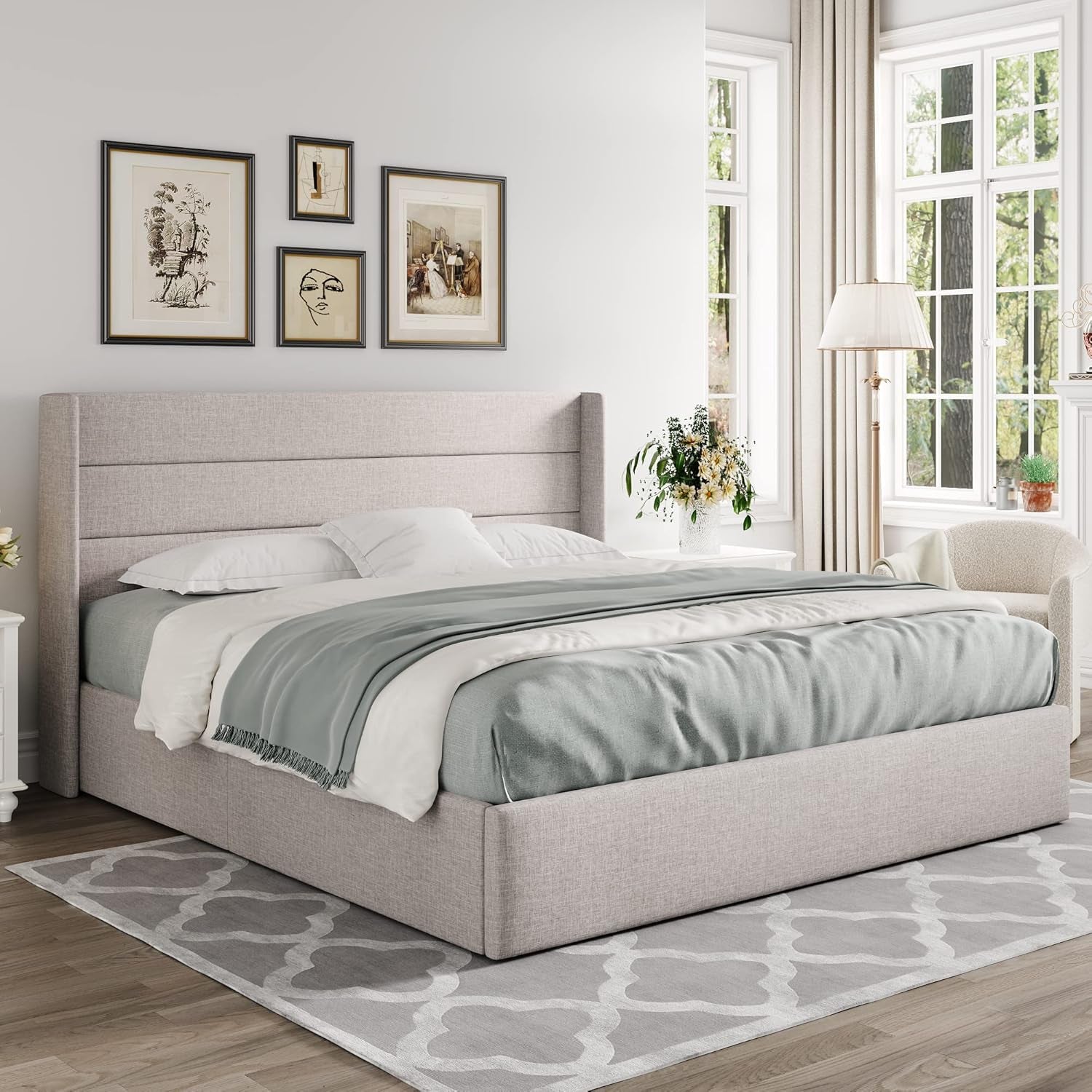 King Size Lift up Storage Bed, Modern Wingback Headboard, Hydraulic Support, No Box Spring Needed, Light Beige