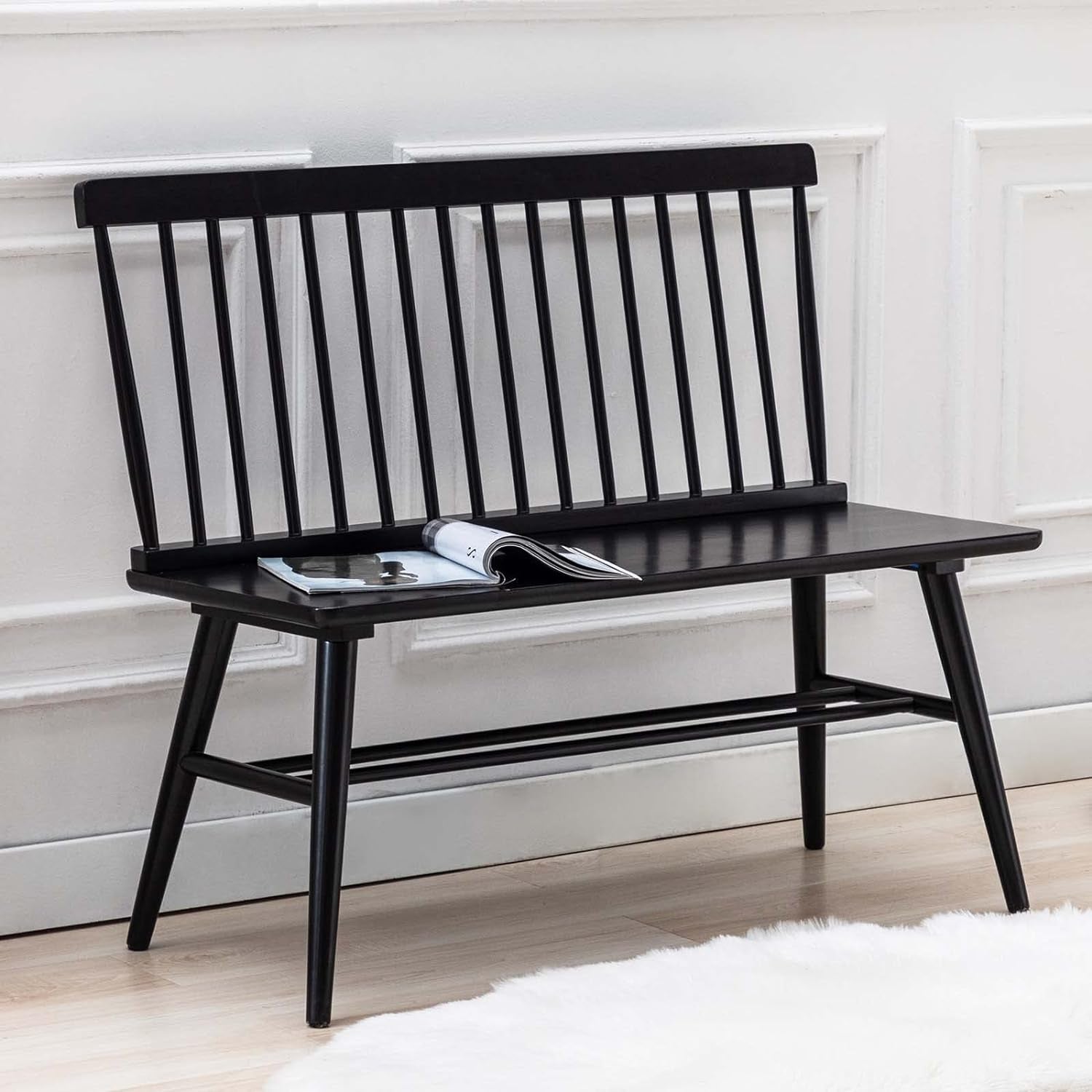 Entryway Bench, Black Dining Bench with Spindle Back Farmhouse Wood Windsor Bench for Foyer Balcony Living Room, Black