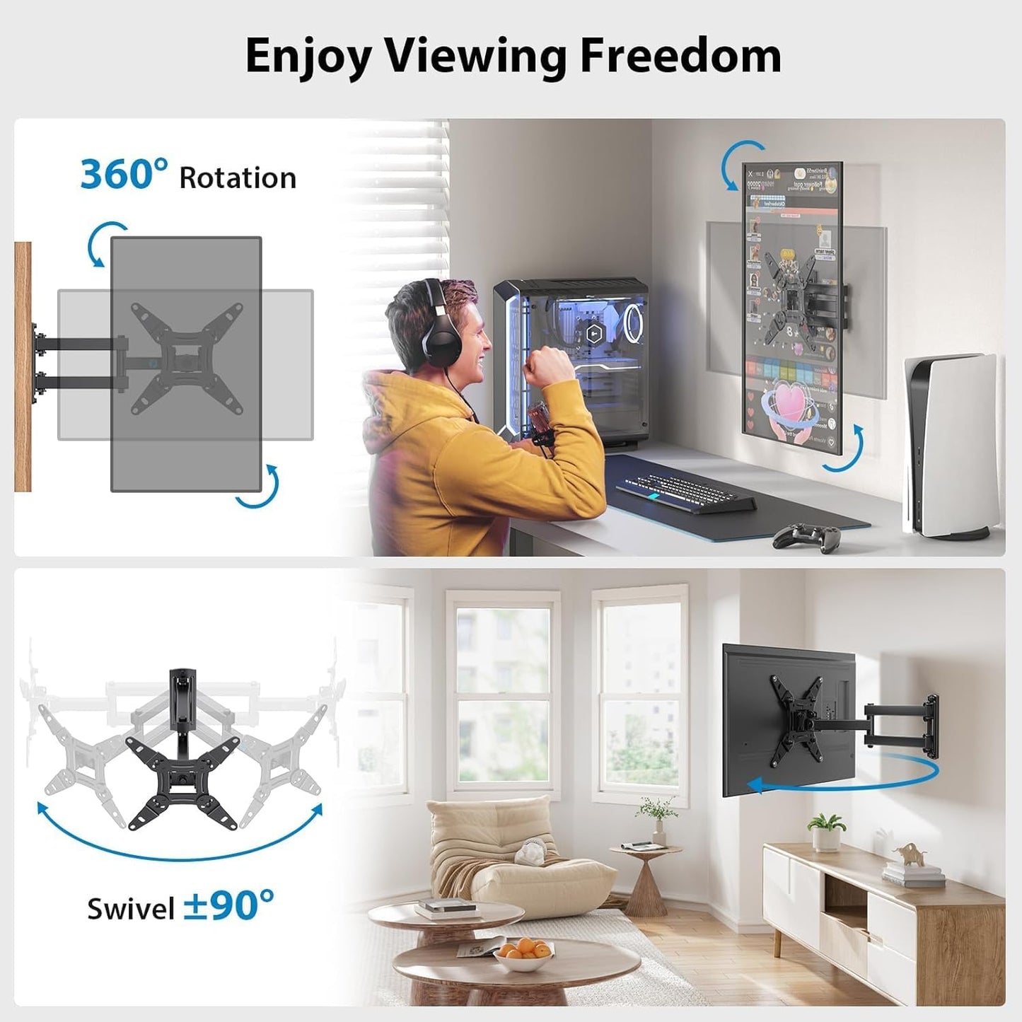 Full Motion TV Wall Mount for Echo Show 21/15 and 13-43 Inch Flat Curved Screen Tvs & Monitors, Max VESA 200X200Mm up to 44Lbs, TV Mount Wall Bracket with Rotation Swivel Tilt Extension