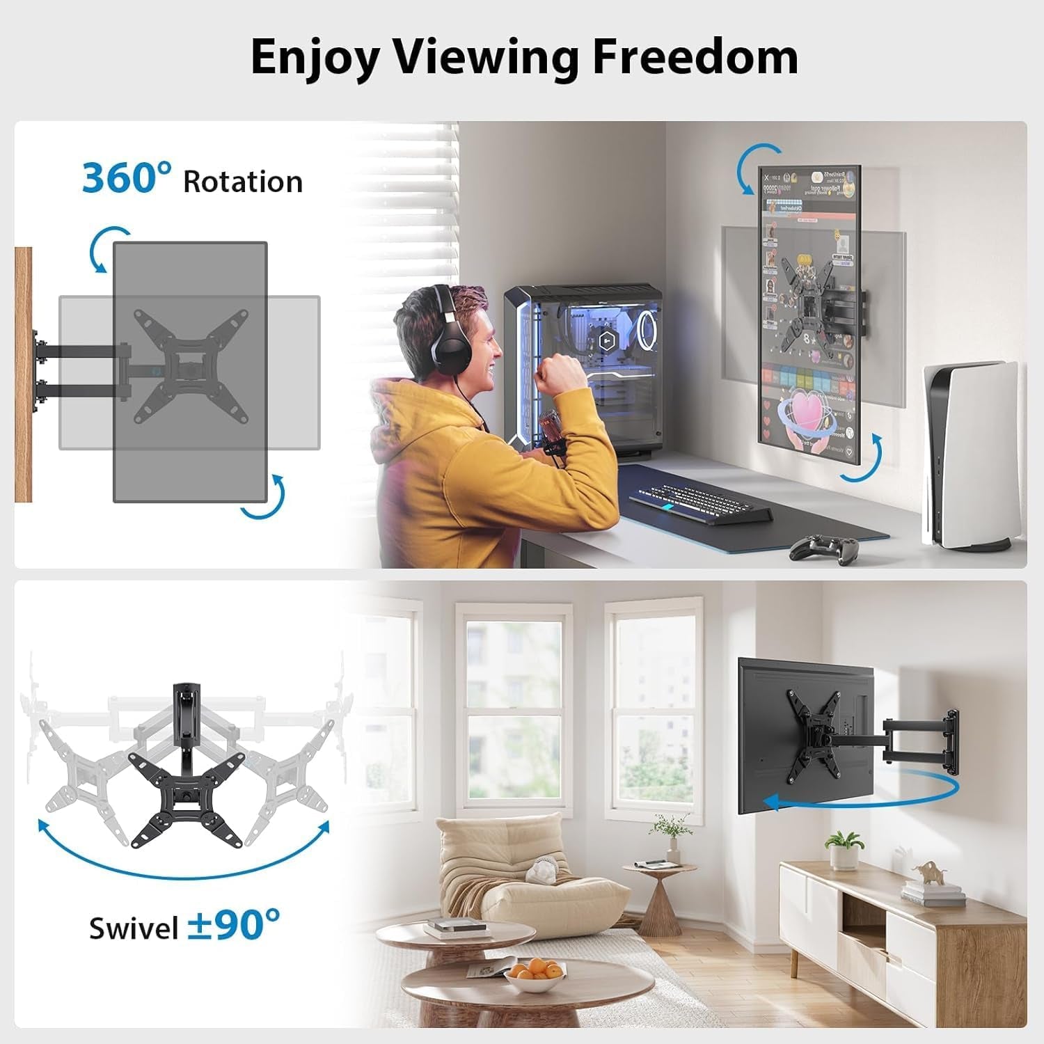 Full Motion TV Wall Mount for Echo Show 21/15 and 13-43 Inch Flat Curved Screen Tvs & Monitors, Max VESA 200X200Mm up to 44Lbs, TV Mount Wall Bracket with Rotation Swivel Tilt Extension