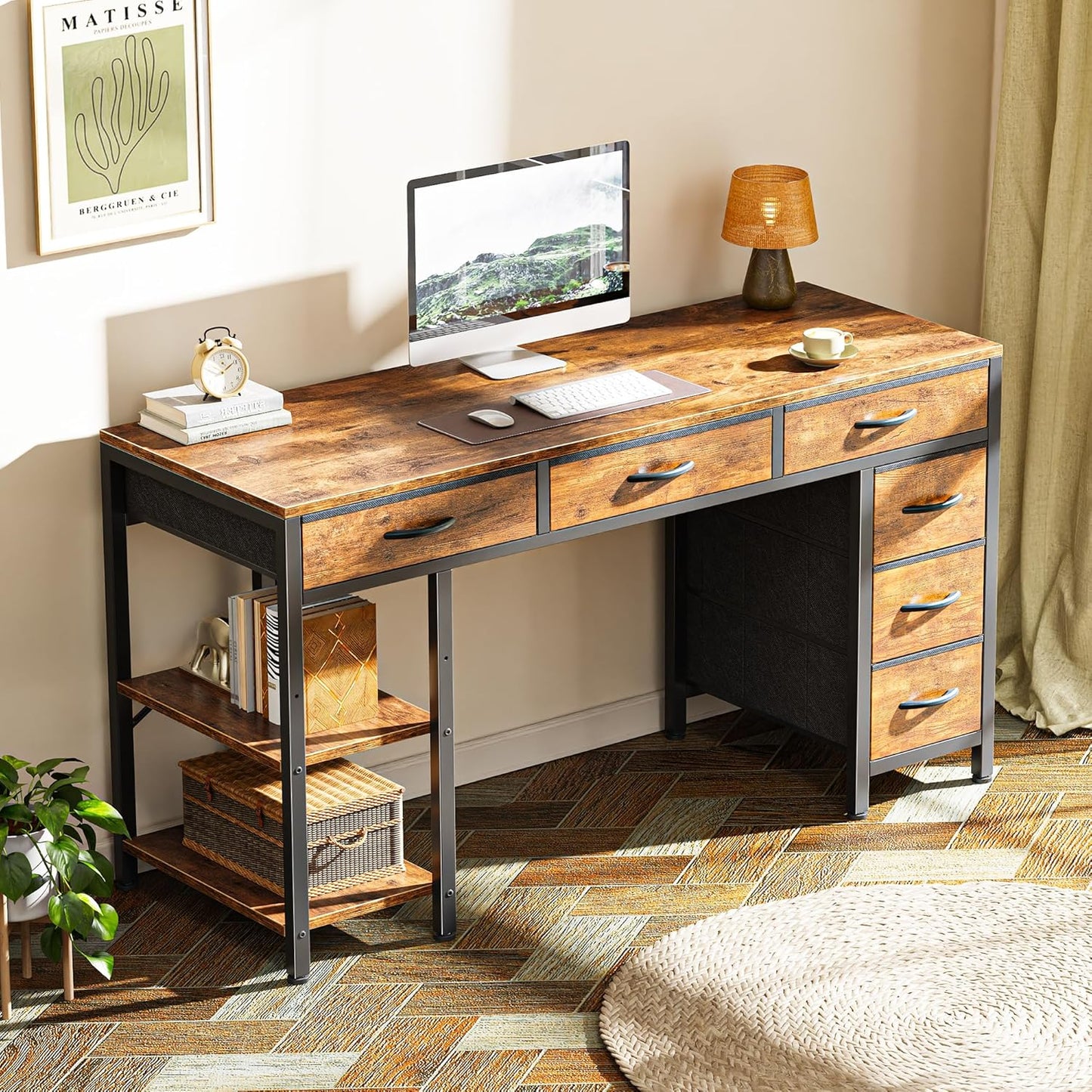 Computer Desk with 6 Drawers, Office Desk with Shelves, Reversible Gaming Desk, Corner Desk with Storage, Work for Home Office, Study, Living Room, 47Inch, Rustic Brown