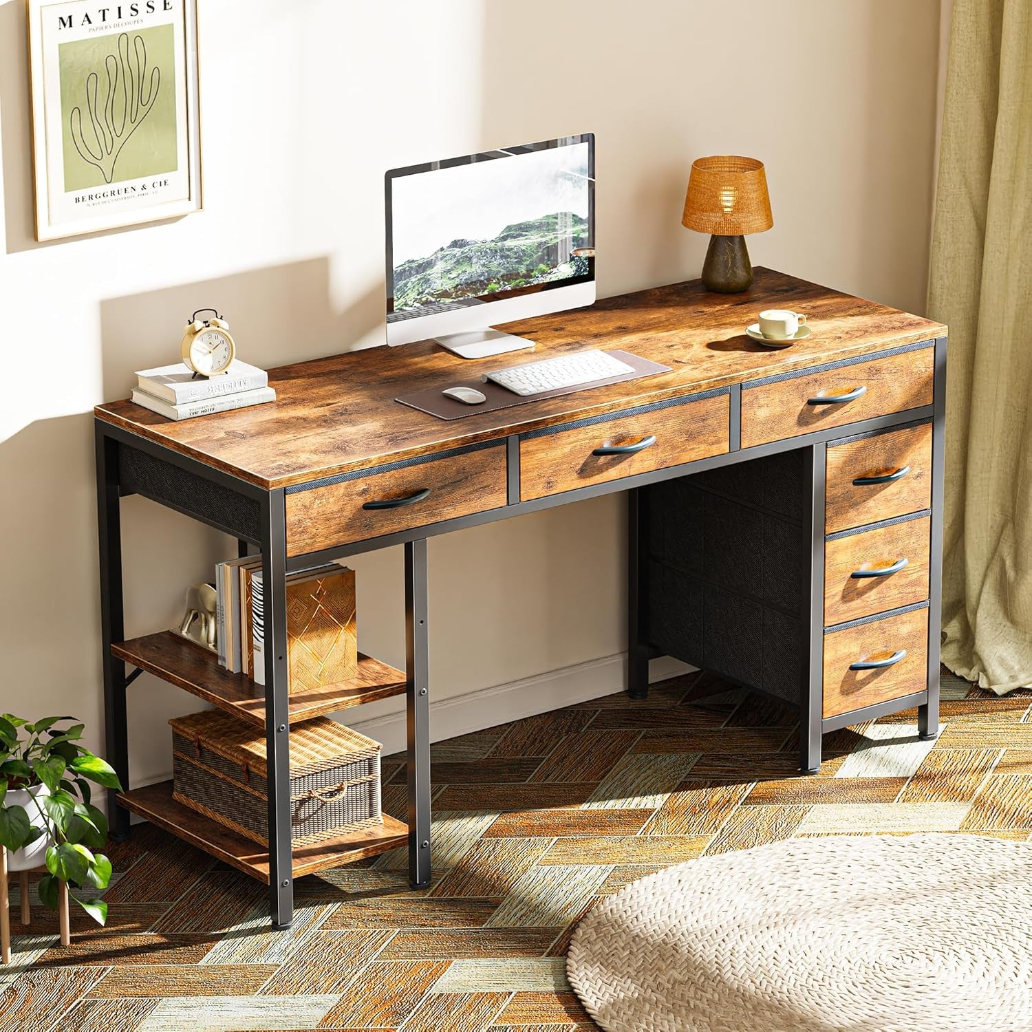 Computer Desk with 6 Drawers, Office Desk with Shelves, Reversible Gaming Desk, Corner Desk with Storage, Work for Home Office, Study, Living Room, 47Inch, Rustic Brown