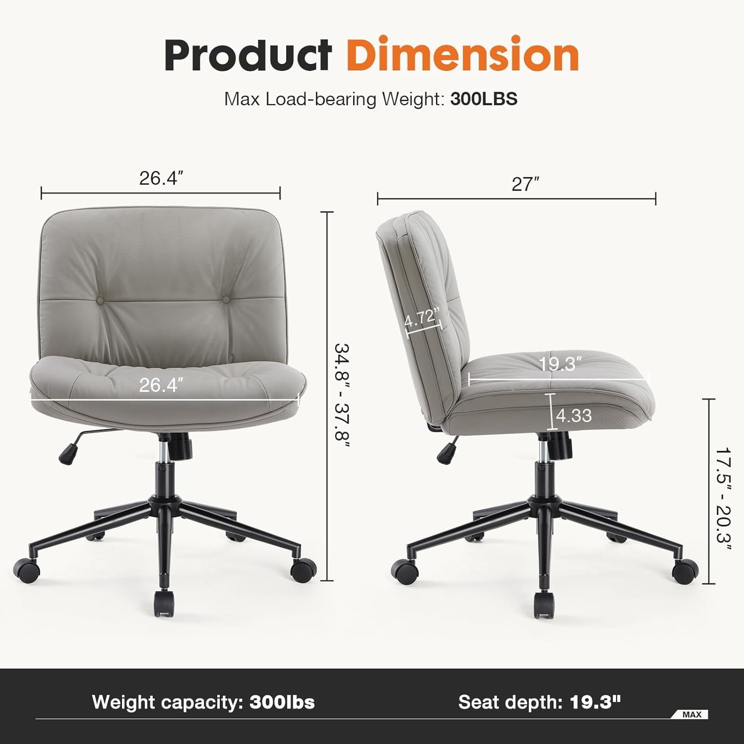 Criss Cross Armless Office Chair - PU Leather Adjustable Swivel Wide Seat with Thick Padding, Ergonomic Rolling Computer Desk Task Chair for Modern Vanity & Makeup with Wheels