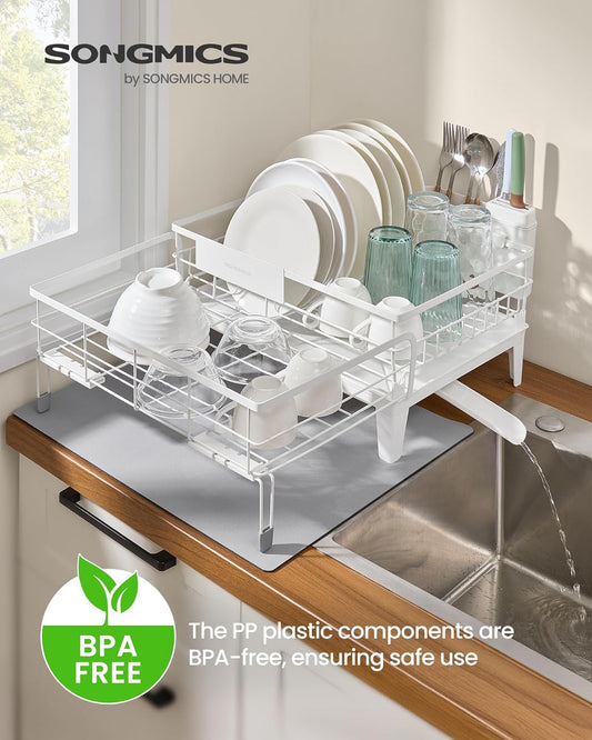 Dish Drying Rack, Kitchen Dish Rack, with Drainboard, 360° Rotatable and Extendable Spout, with Cutlery Holder, 12.2-22 X 16.5 X 7.9 Inches, Matte White and Dove Gray UKCS552W01