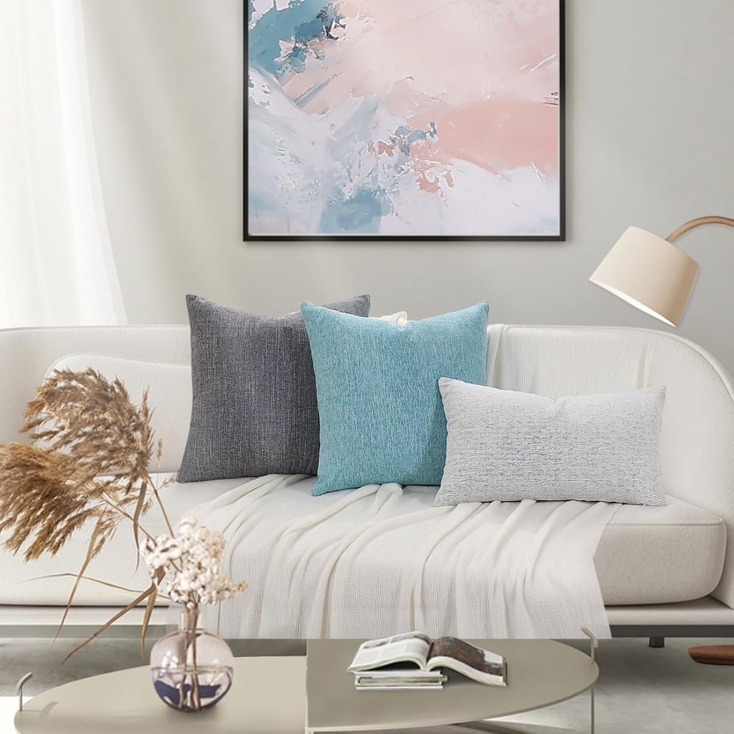 Christmas Chenille Decorative Throw Pillow Covers 18X18 Set of 2, Farmhouse Textured Square Neutral Solid Accent Pillow Covers for Couch Sofa Bed Living Room Home Decor, Grey