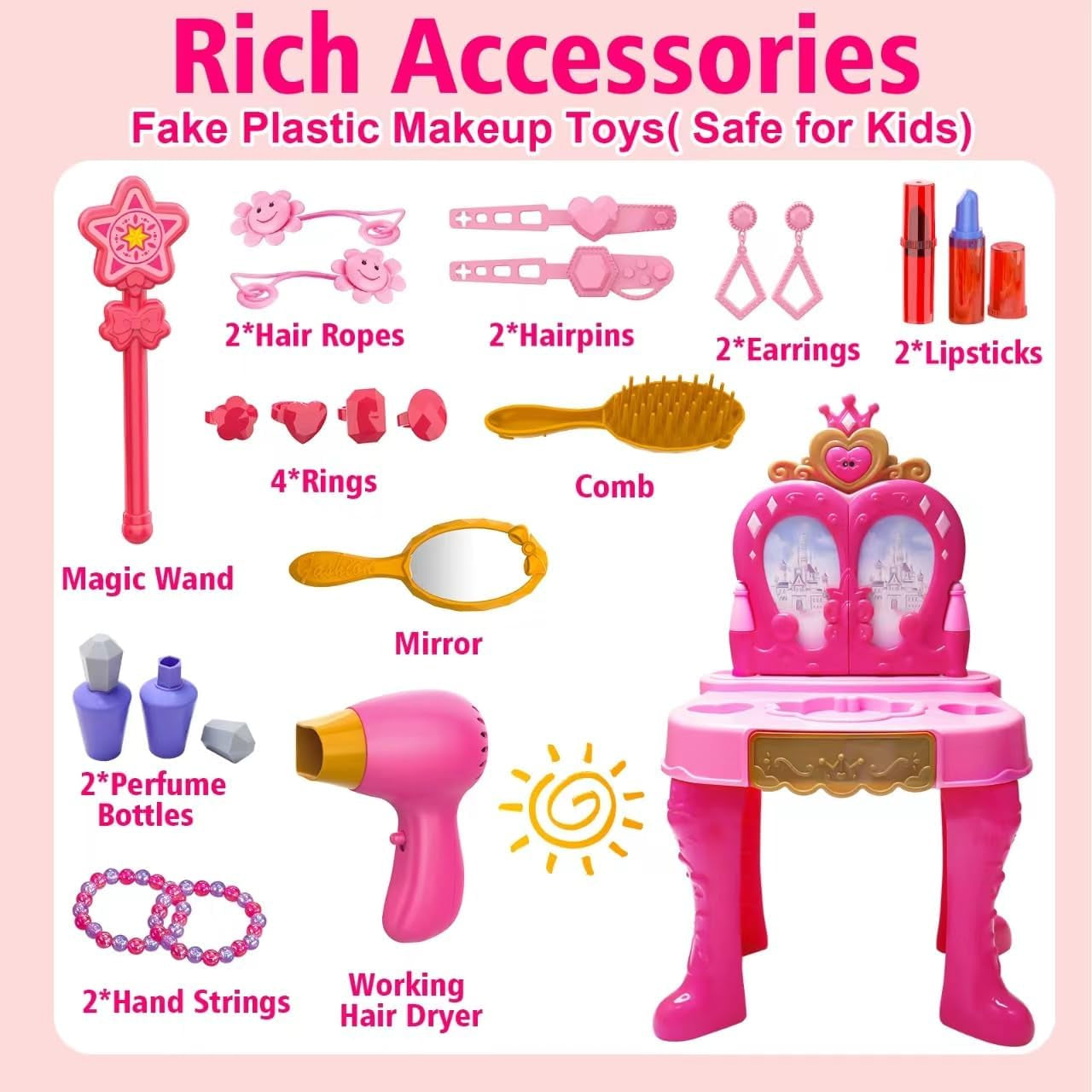 Toddler Vanity Magic Makeup Set Table and Chair Girl Toy Automatically Mirror with Music Light Pink Toys for 3 4 5 Year Old Girls Hair Salon Pretend Play Princess Dress up Playset Gift Toddler 3-5