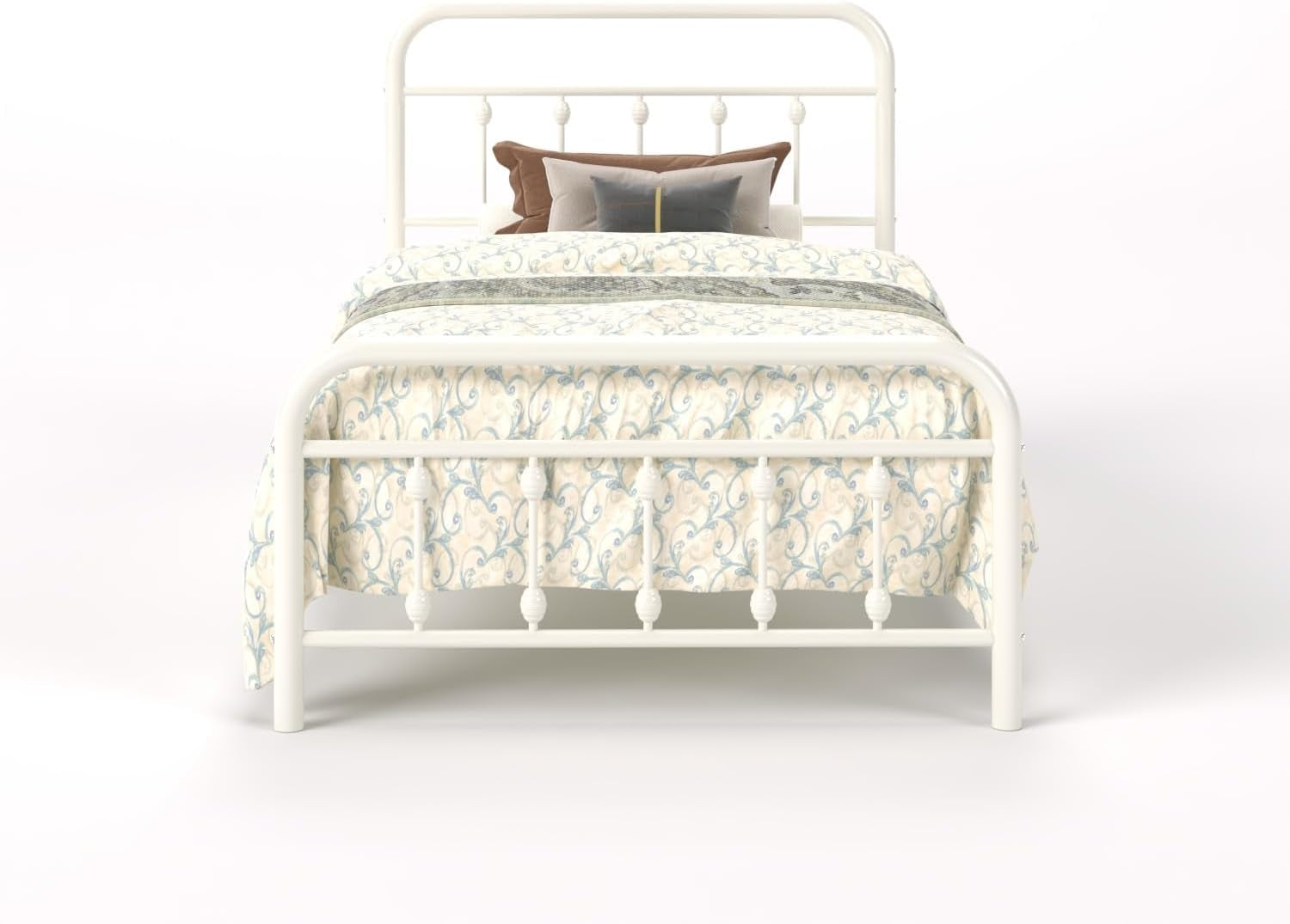 Twin Size Metal Platform Bed Frame with Victorian Style Iron-Art Headboard and Footboard, Easy Assembly, under Bed Storage, No Box Spring Required, off White