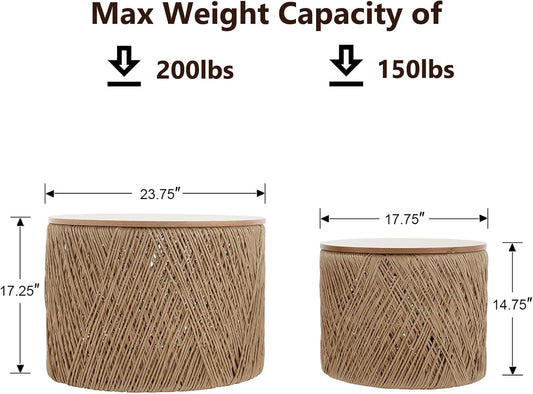 24" round Wood Nesting Coffee Table Set of 2 Handcraft Woven & Rope Rattan Sofa Tables Both with Storage Drum End Side Table for Small Space Living Room No Assembly Needed, Natural Color
