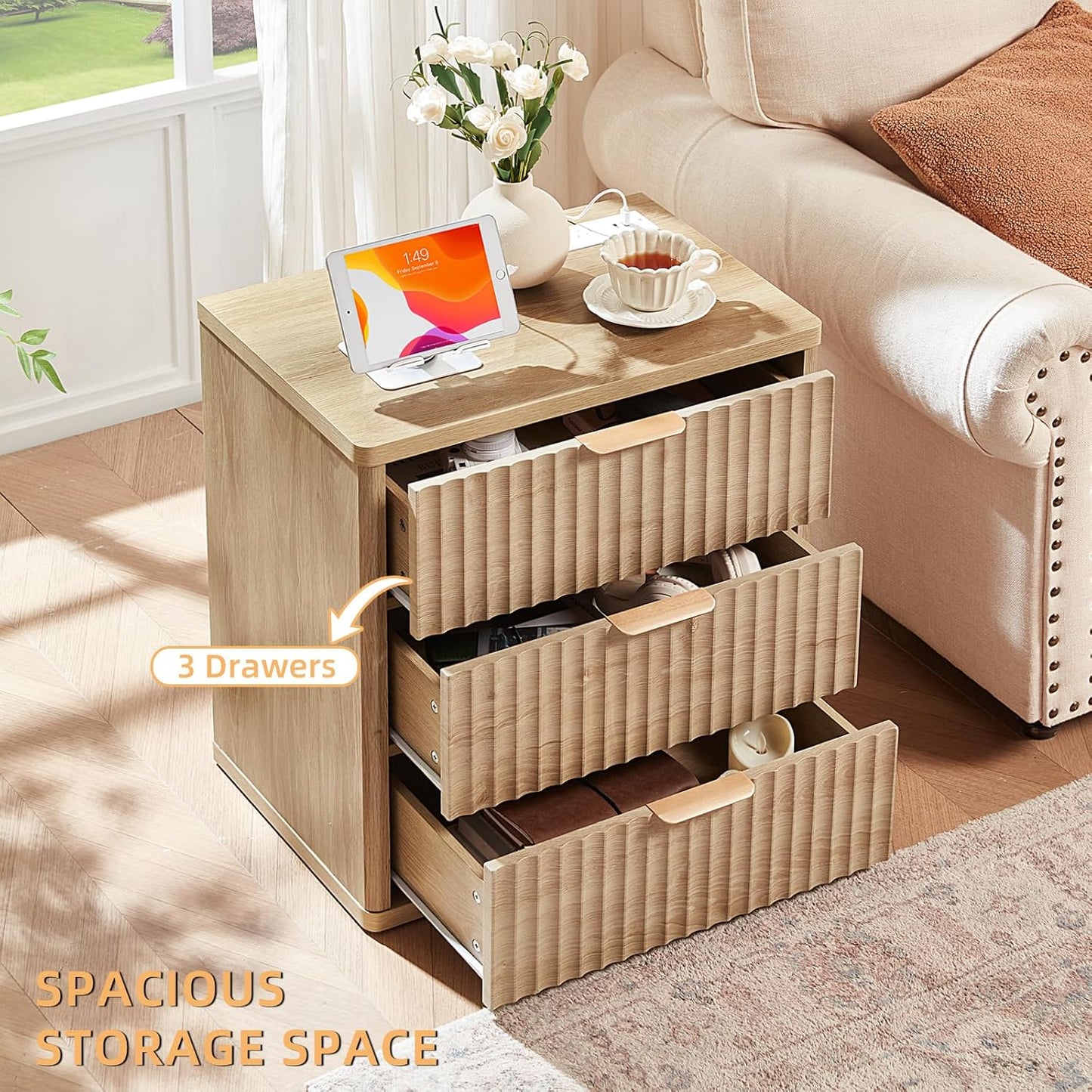 23" Wide Fluted Farmhouse Night Stand Set of 2 with Charging Station, 3 Drawers Large End Table W/Metal Handle, Natural Nightstand Bedside Table,Wood Dresser for Bedroom, Closet