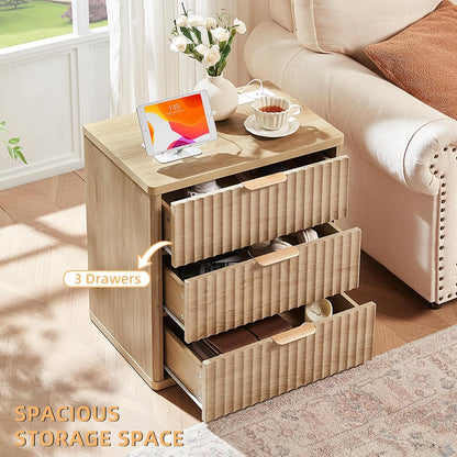 23" Wide Fluted Farmhouse Night Stand Set of 2 with Charging Station, 3 Drawers Large End Table W/Metal Handle, Natural Nightstand Bedside Table,Wood Dresser for Bedroom, Closet
