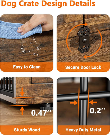 Dog Crate Furniture with Cushion, Wooden Dog Kennel Indoor with Double Doors, Dog Cage with Wheels, Dog House Side End Table for Large Dogs up to 85 Lb, 44" L, Rustic Brown