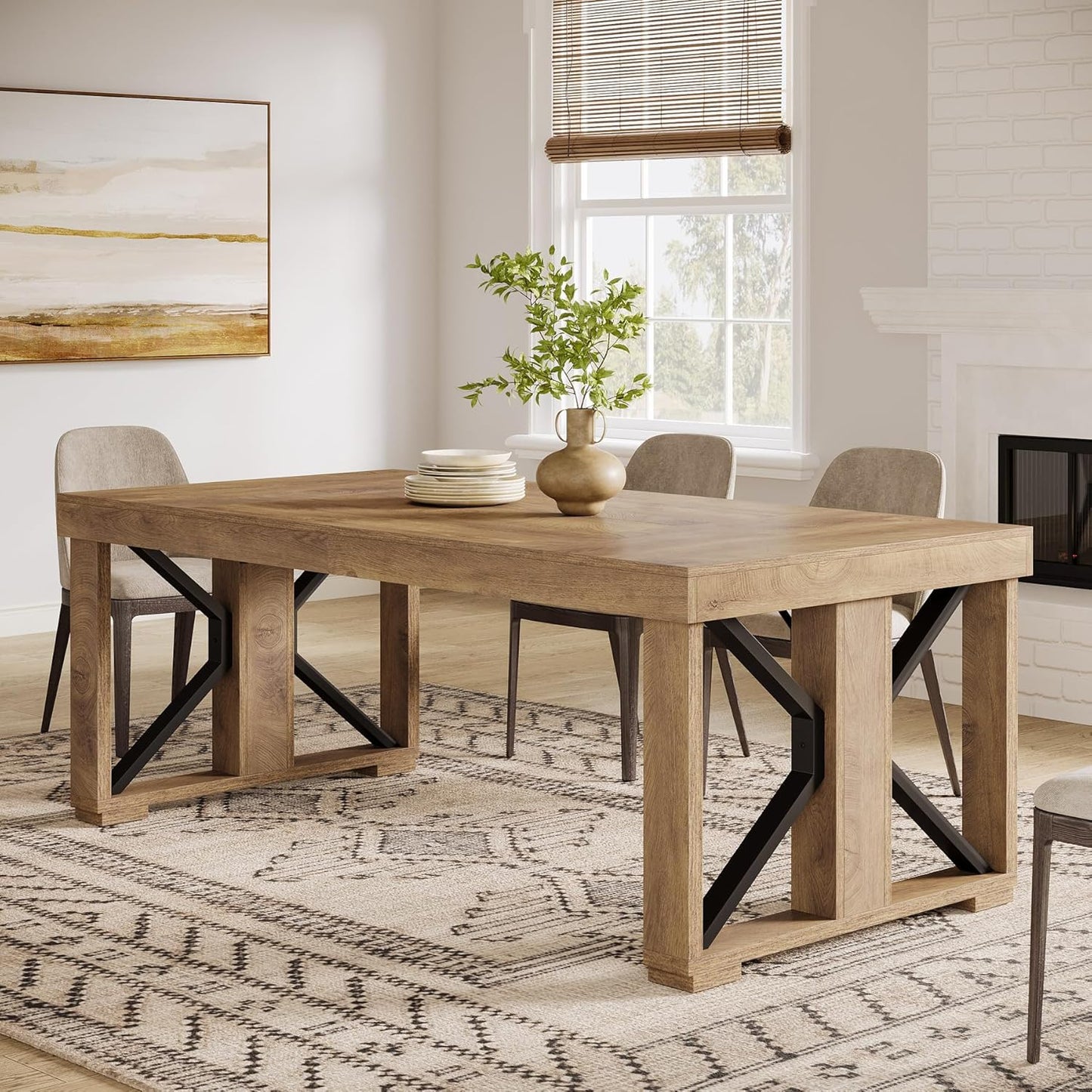 70.87" Rectangular Dining Table for 6-8 People, Farmhouse Wooden Kitchen Dinner Table with Strong Base for Dining Room, Kitchen, Living Room, Brown