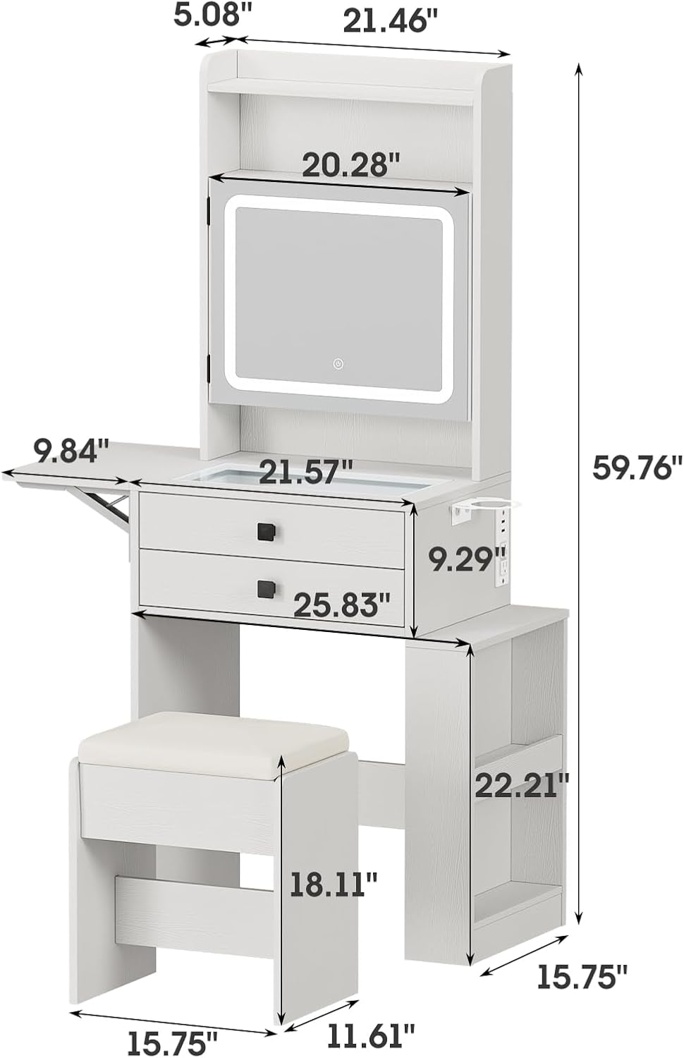 Small Makeup Vanity Desk with 3 Adjustable Lighted Mirror, White Vanity Set with Fold-Up Panel and Charging Station, Glass Top Dressing Table with Drawers and Chair, 2 Hidden Storage Shelves