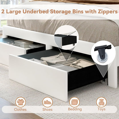 Queen LED Bed Frame with 2 Drawers, 53" Tall Platform Beds with Galaxy Star Projector Charging Station, PU Upholstered Diamond Tufted Aurora Bedframe with Storage Headboard, White
