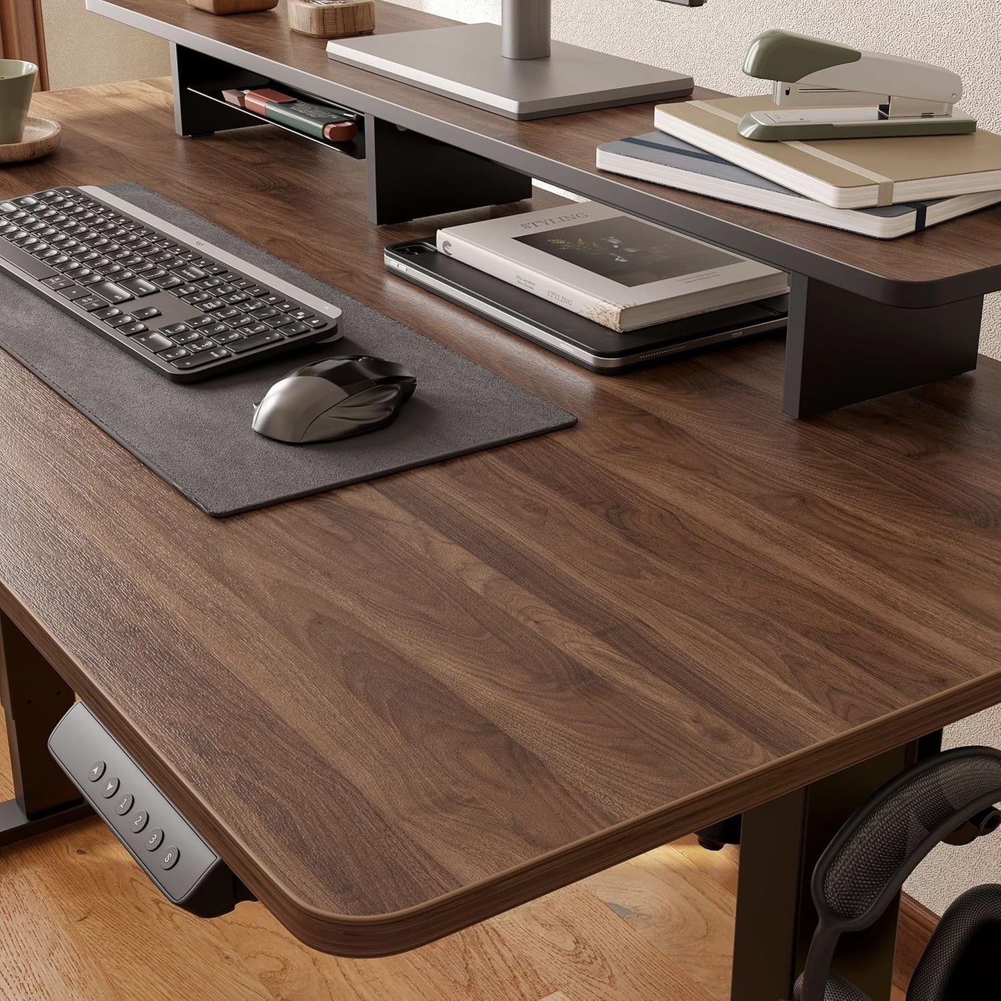 One-Piece Standing Desk Adjustable Height Stand up Home Office Desk, 48X24 Inch Electric Standing Computer Desk, with 4 Memory Presets, Headphone Hook, Rustic Brown