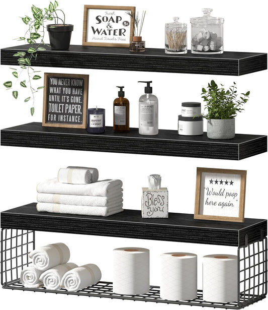 Bathroom Shelves 24 Inches Long - Floating Shelf for Wall over Toilet Paper Storage Basket Farmhouse Set of 3, Black (019-60B3)