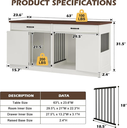 Large Dog Crate Furniture - Wooden Indoor Dog Kennel Furniture for 2 Dogs with Sliding Barn Door and Removable Divider, Heavy Duty Dog Crate Table, 63" L X 23.6" W X 31.5" H, White