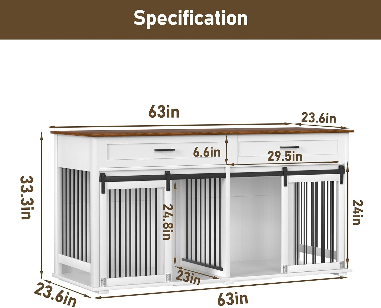 63" L X 24" W X 33" H Double Wooden Dog Cage Table with 2 Large Drawers & Safety Locks, Large Dog Crate Furniture for 2 Dogs with Removable Divider, Decorative Indoor Dog Kennel Furniture