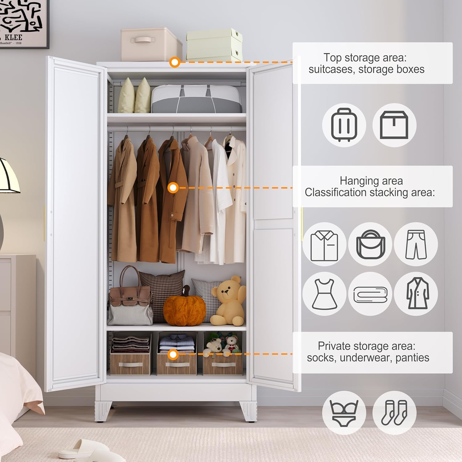 RIETERN Metal Armoire Wardrobe Closet, 71" Tall Bedroom Closet with Mirror, Adjustable Shelves, and Hanging Rod, Steel Clothes Closets and Storage, for Bedroom White