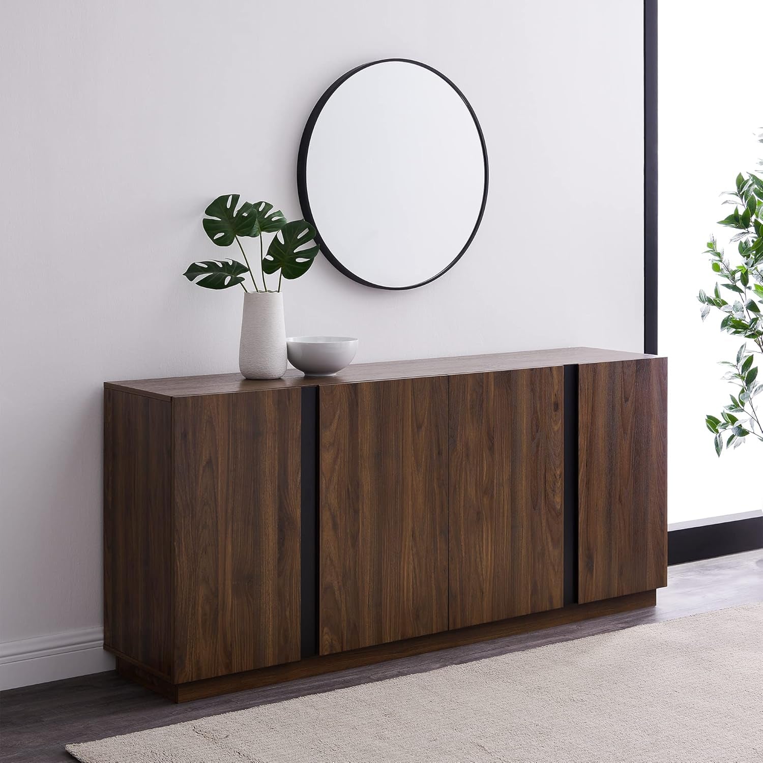 Liss Contemporary 4-Door Minimalist Sideboard, 70 Inch, Dark Walnut