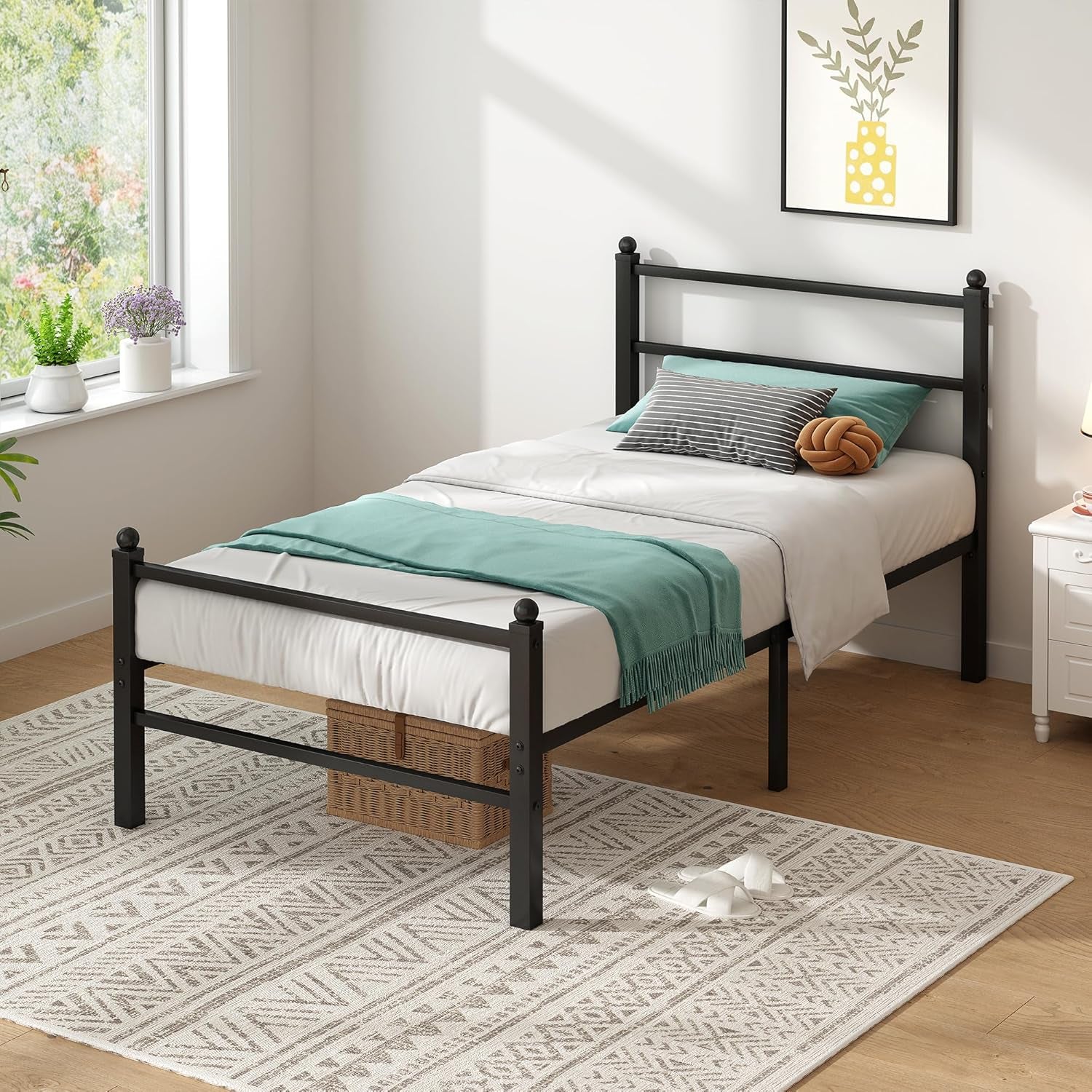 Twin Bed Frames with Headboard and Footboard, 14 Inch Metal Platform Twin Size Bed Frame with Steel Slat Support, No Box Spring Needed, Noise Free, Easy Assembly, Black