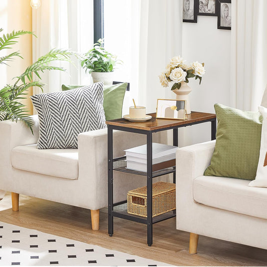 End Table, 3-Tier Narrow Side Table, Nightstand with 2 Flat or Slant Adjustable Shelves for Small Spaces, Hallway, Living Room, Bedroom, Sturdy, Easy Assembly, Rustic Brown and Black BF23BZ01G1