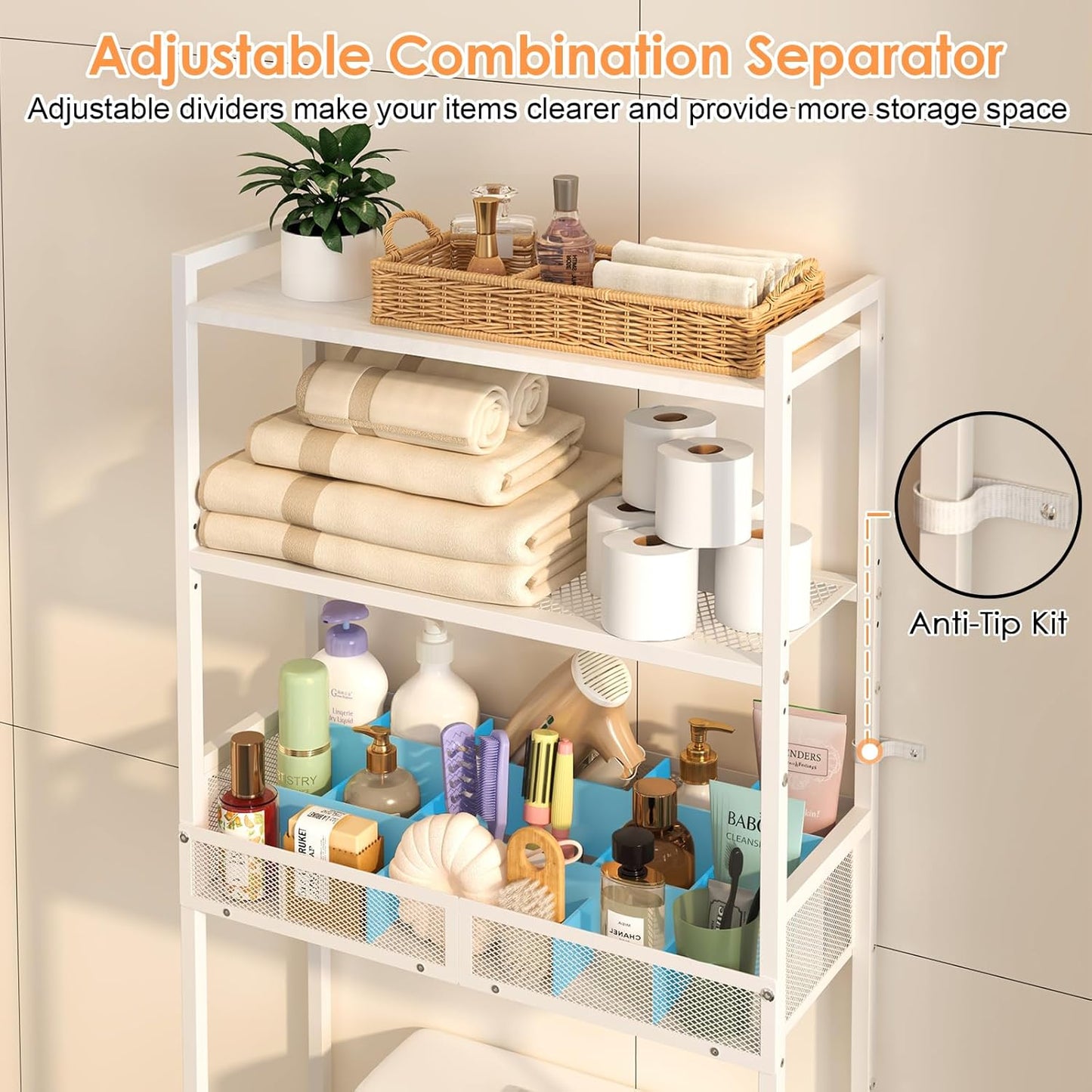 3-Tier over the Toilet Storage Shelf, Metal over Toilet Bathroom Organizer with Dividers, Freestanding Bathroom Space Saver Rack with Adjustable Shelf & Feet, White